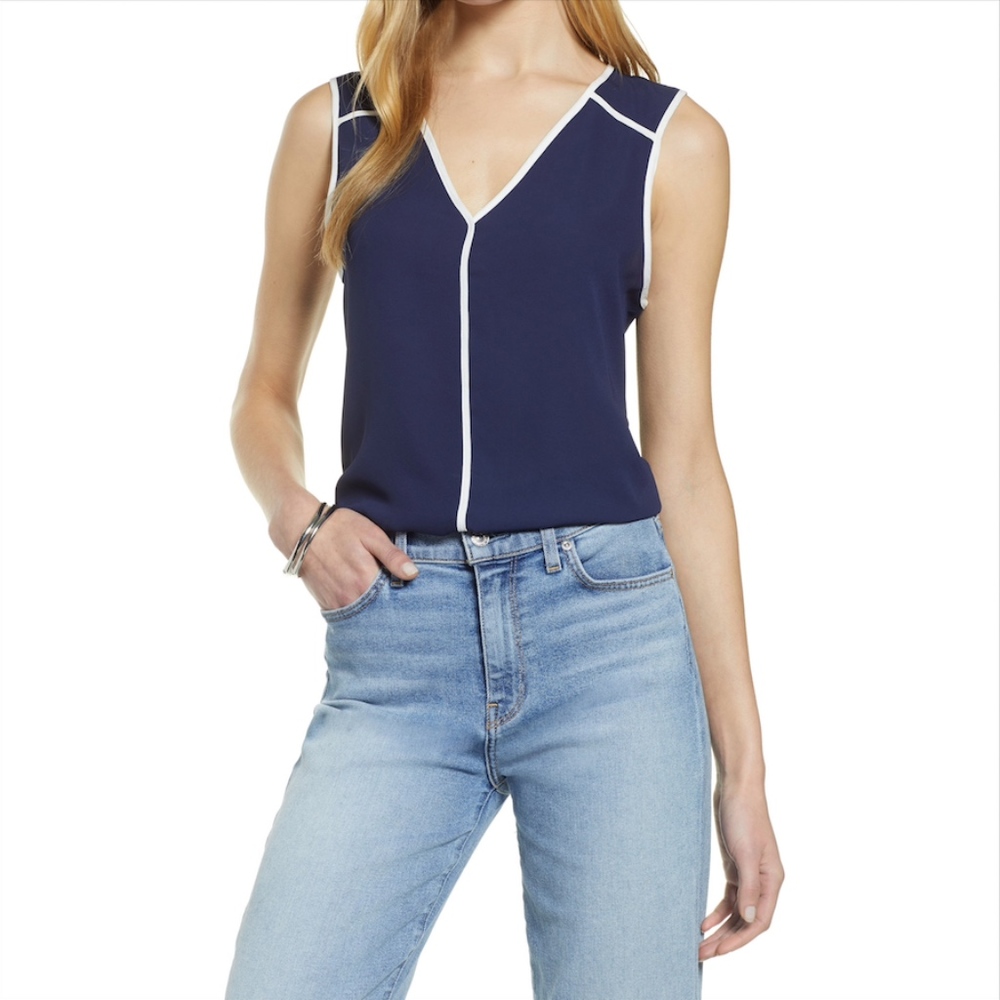 V-Neck Tank Blouse with Contrast Trim